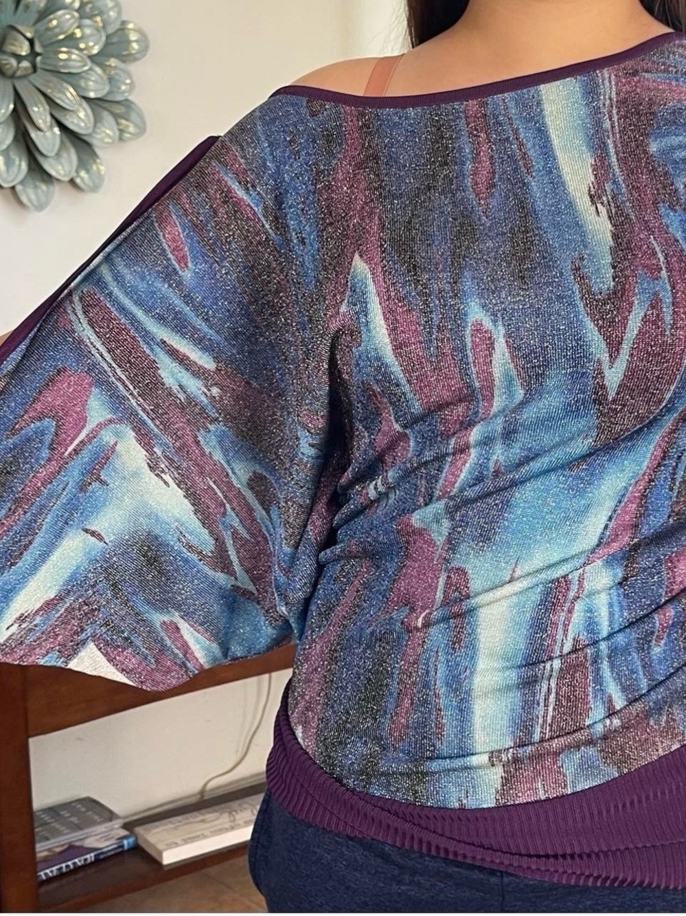 One sleeve Shimmery Marbled Blue & Purple Women's Boatneck Top Sz S